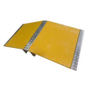 Yellow two-wing walkover ramp with galvanised chequer-plate spine and edging, angled product shot