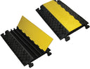 Two three-channel cable protector ramps shown side by side, one with the yellow lid open