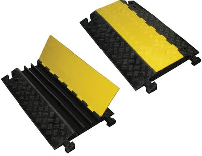 Two three-channel cable protector ramps shown side by side, one with the yellow lid open