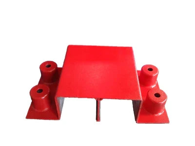 Red painted steel bridge section on four cylindrical spacer posts, viewed front-on against white