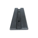 Black rubber dock bumper lengthwise on white, two fixing holes in a recessed centre channel between raised side wings