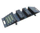 Angled view of the assembled modular ramp: ribbed end section with three lime green strips, centre blocks and second end