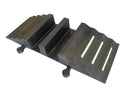 Angled view of the moulded rubber ramp, two open cable channels and yellow strips on the ribbed slope