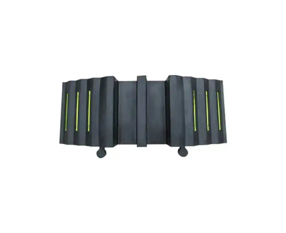 Plan view of the black rubber hose protector, ribbed slopes with yellow strips each side of the raised centre