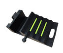 Angled shot of the black rubber ramp portion, three yellow strips on ribbed tread, oval handle slot and round peg