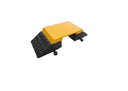 Angled view of the hose ramp: yellow steel top plate over black chequer-tread rubber base with tab connectors