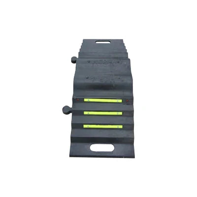 Plan view of the black rubber ramp with three hi-vis yellow strips, ribbed tread and two oval carry slots