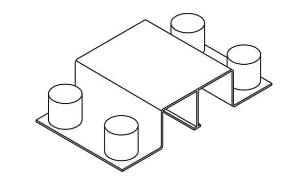 Isometric line drawing of the steel bridge section showing its top-hat span and four cylindrical posts