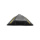 End view of the low-profile protector, yellow stripes on the ribbed black top over open cable channels