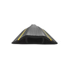 End view of the low-profile protector, yellow stripes on the ribbed black top over open cable channels