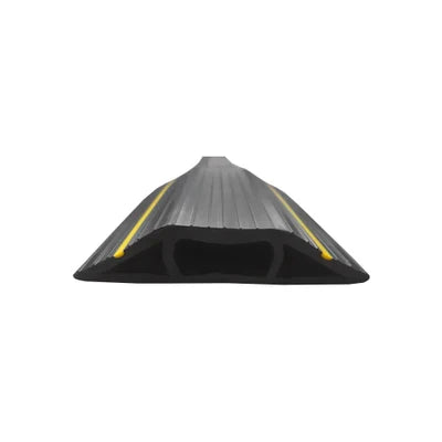 End view of the low-profile protector, yellow stripes on the ribbed black top over open cable channels