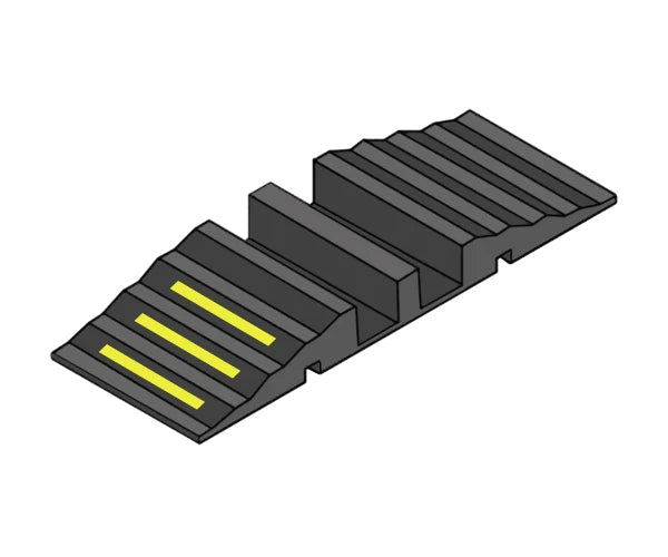 3D render of the hose protector, three yellow strips on the ribbed approach slope and a raised centre divider