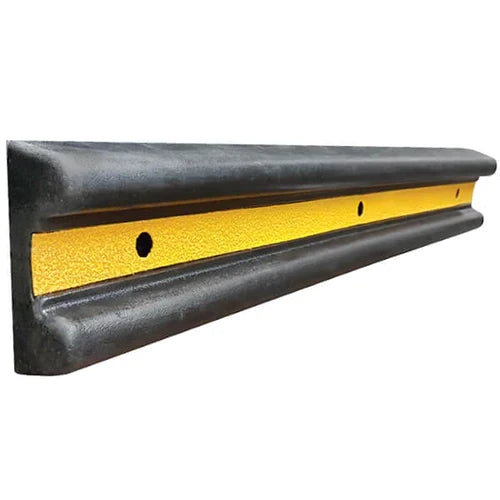 Angled close view of a black rubber Double D wall guard, yellow stripe with three countersunk bolt holes