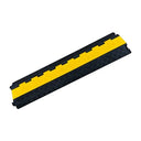 Closed cable cover seen from above, yellow hinged lid running the length of the black chequer-plate body