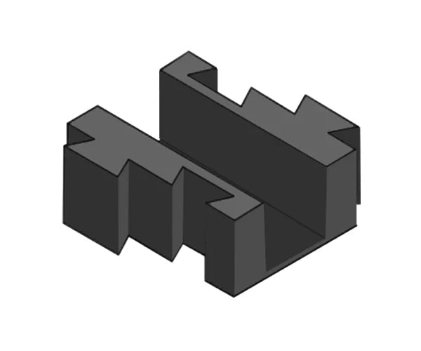 Angled 3D line render of the black centre block showing its stepped interlocking tabs and open underside