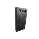 Black rubber dock bumper at an angle, three fixing holes along the top edge and three at the base