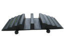 Front elevation of the rubber cable ramp, twin channels below the ribbed tread and round tab connectors