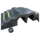 Angled close-up of the two arched channels beneath the ribbed black top, two yellow strips on the slope