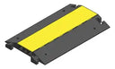 3D render of a three-channel cable protector with its yellow lid closed, angled view