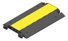 3D render of a three-channel cable protector with its yellow lid closed, angled view