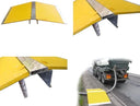 Four-panel montage of the yellow walkover ramp from several angles, plus in use beside a tanker's hose