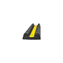 End view of the twin rounded D profile in black rubber, yellow stripe recessed between the ribs