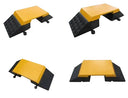 Four-panel montage of the yellow-topped hose ramp from front, rear, side and overhead angles