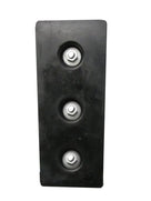 Black rubber dock bumper panel with three bolts fitted down its centre line