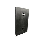 Flat black rubber dock bumper plate angled on white, bolt fitted in the upper hole and the lower hole empty