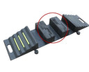 Angled view of the assembled run, centre block ringed in red, end ramp with three lime green strips and handle slot