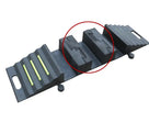 Angled view of the assembled run, centre block ringed in red, end ramp with three lime green strips and handle slot