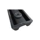 Close-up of the guard's hollow back channel with a moulded rubber boss around a central fixing hole