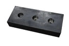 Black rubber dock bumper block angled on white, three countersunk fixing holes across its top face