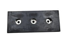 Black rubber dock bumper panel at a low angle, three metal-sleeved fixing holes across its face