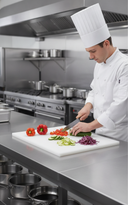 Chef in whites slicing peppers and cucumber on a thick white HDPE board in a stainless steel kitchen