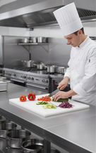 Chef in whites slicing peppers and cucumber on a thick white HDPE board in a stainless steel kitchen
