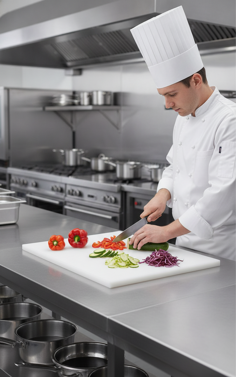 HDPE Sheet used as food-safe chopping board surface in professional UK commercial kitchen