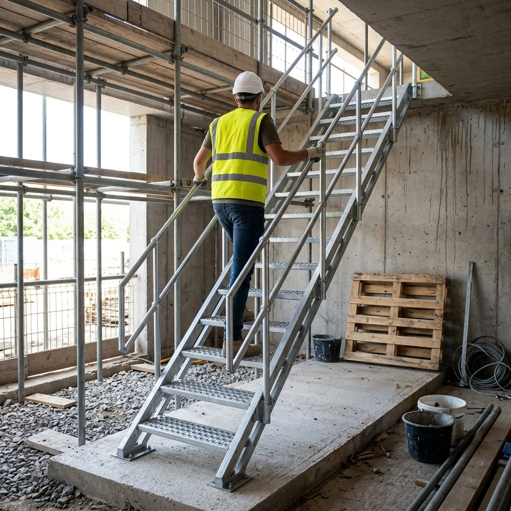 Steel Stairway with Detachable Handrails – EN 12811 Compliant