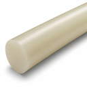 Glossy cream nylon 66 rod filling the frame on white, flat cut end at the lower left