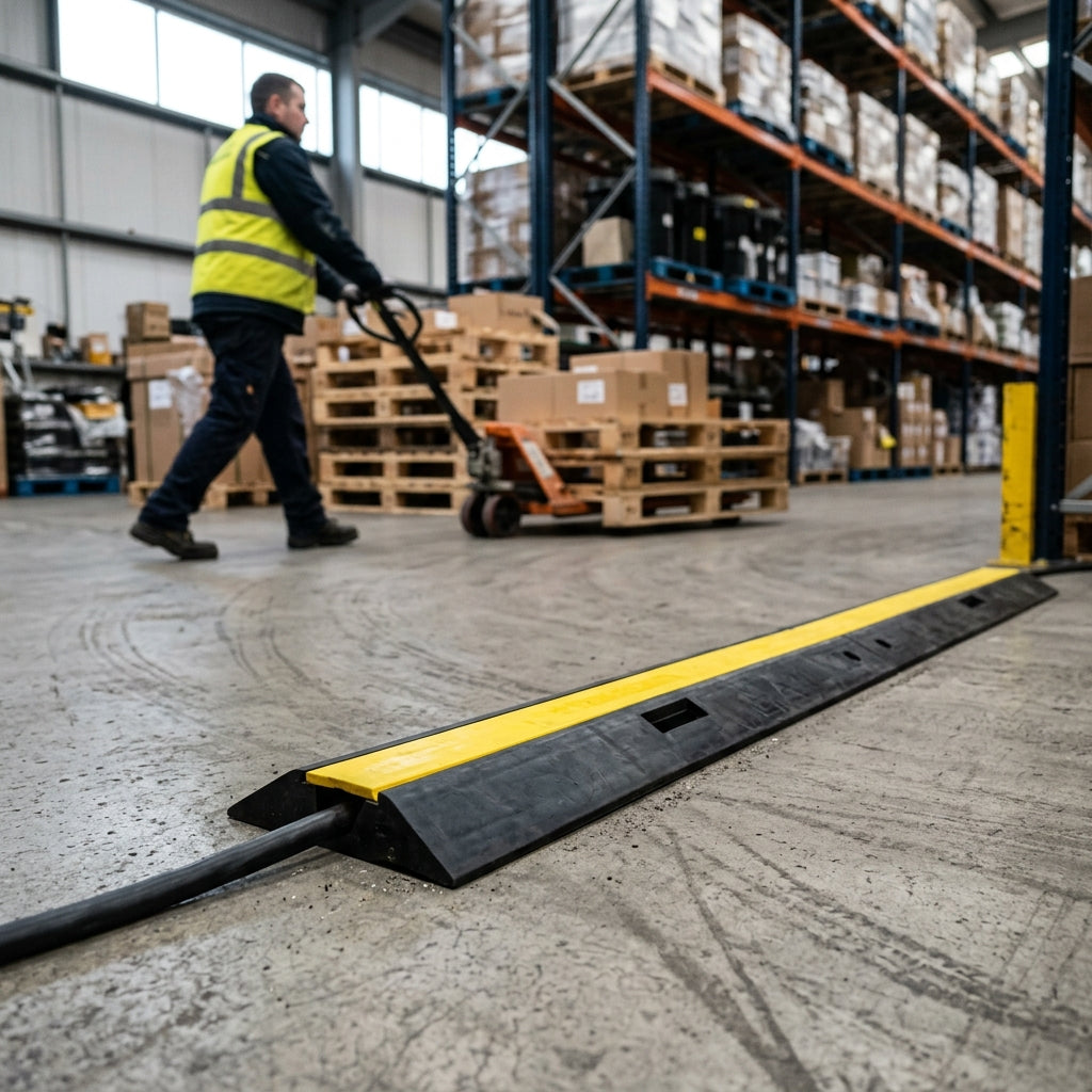 Black and yellow single channel cable cover on a warehouse floor as a pallet truck crosses