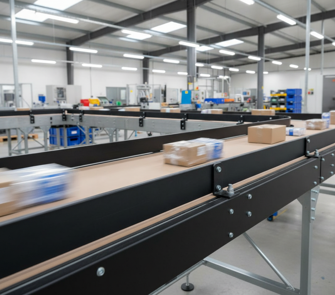 Black HDPE Sheet installed as conveyor wear strip and guide rail in UK manufacturing facility