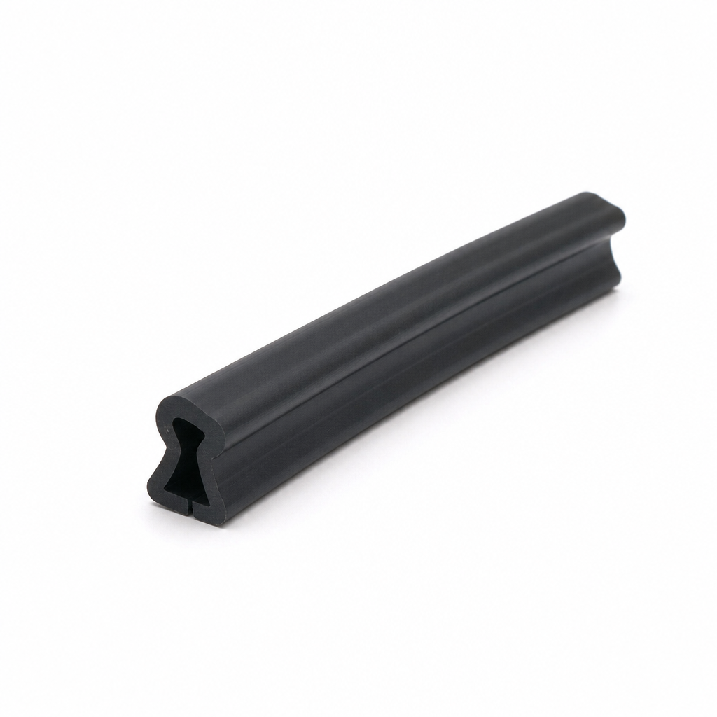 Black rubber weatherstrip profile shown curved, studio shot