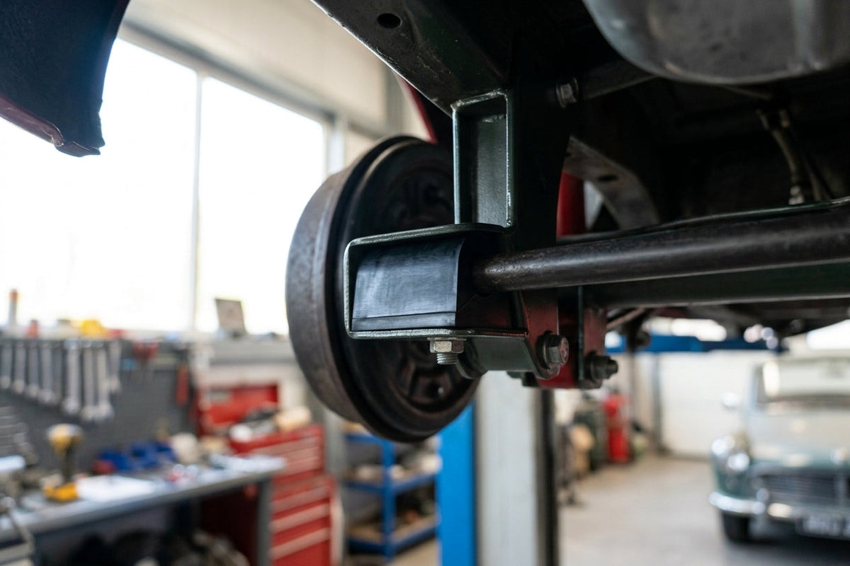 Anti-roll bar bush fitted near a wheel hub on a vehicle up on a ramp
