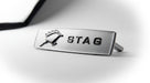 Silver STAG side badge with leaping stag on the left, angled studio shot