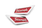 Pair of red and chrome Triumph script pillar badges, studio white background