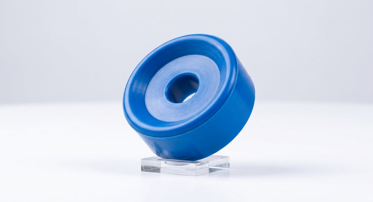 Blue polyurethane differential mounting bush, round donut shape, studio shot