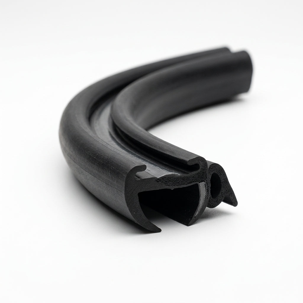 Black rubber window seal coiled, showing bulb and gripper channel profile