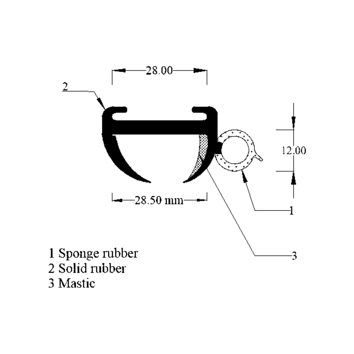 Technical diagram of window seal profile, 28.50mm wide with sponge and solid rubber layers