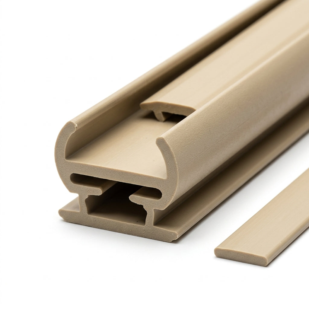 Beige PVC door aperture section with hollow chamber, shown beside a flat capping strip
