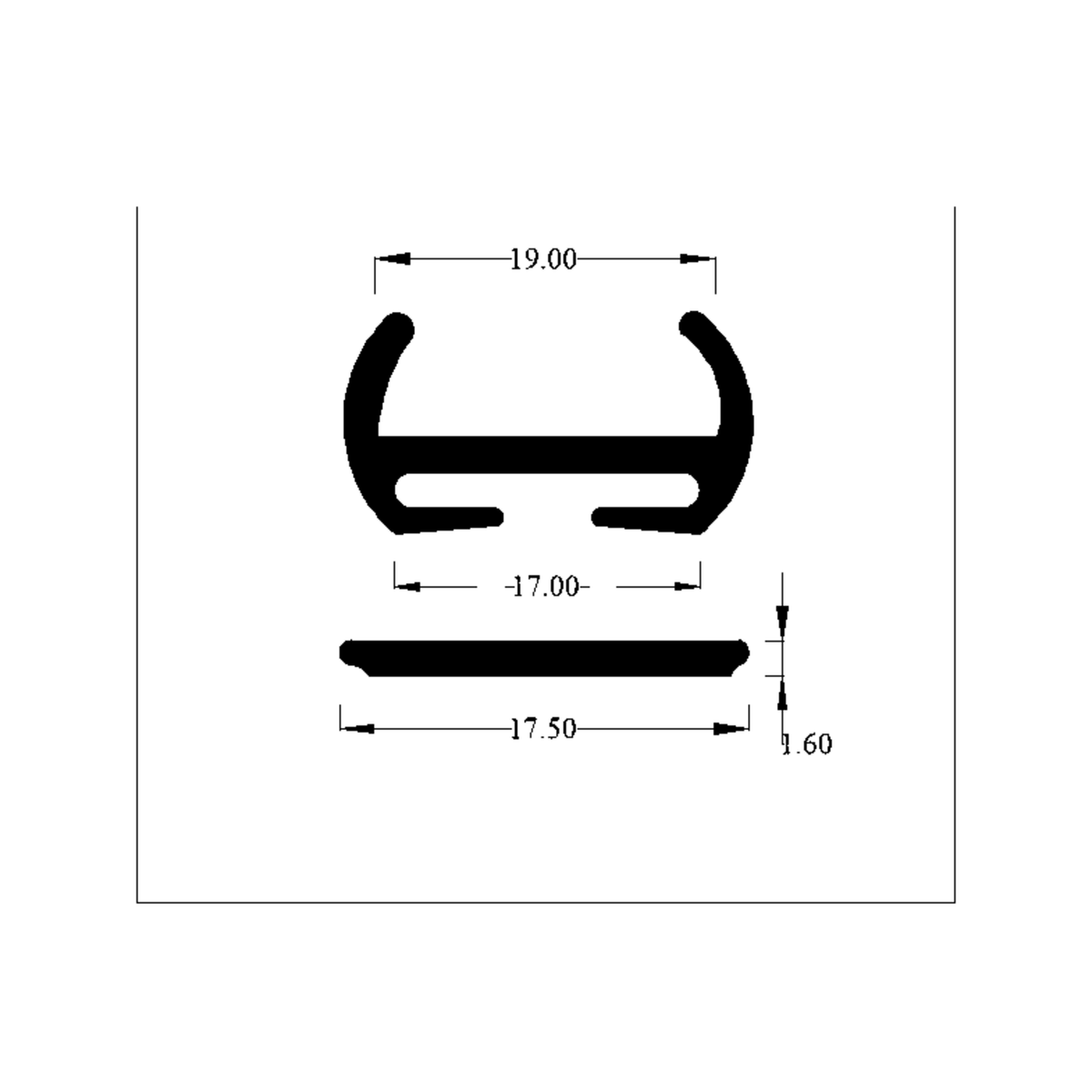 Technical diagram of door aperture section and flat capping strip, 19.00mm and 17.50mm wide